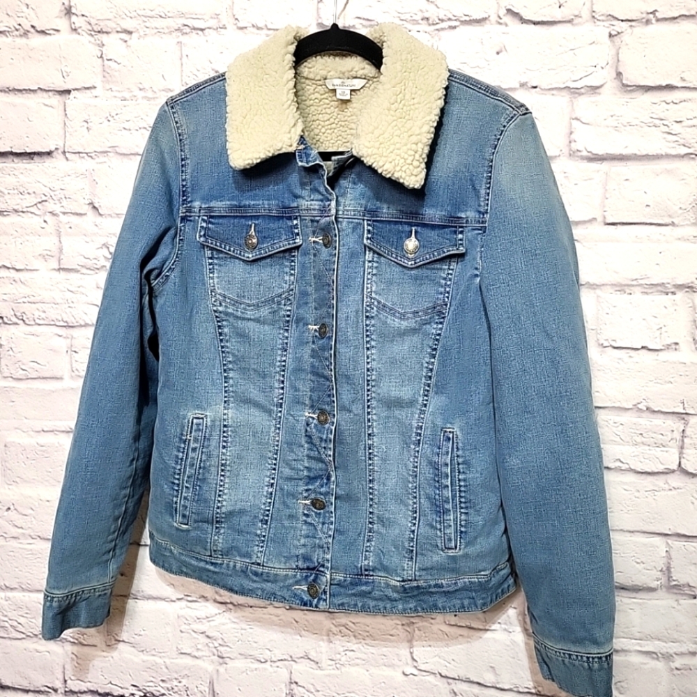 L.L. Bean Light Blue Denim Jacket with Cream Sherpa Collar